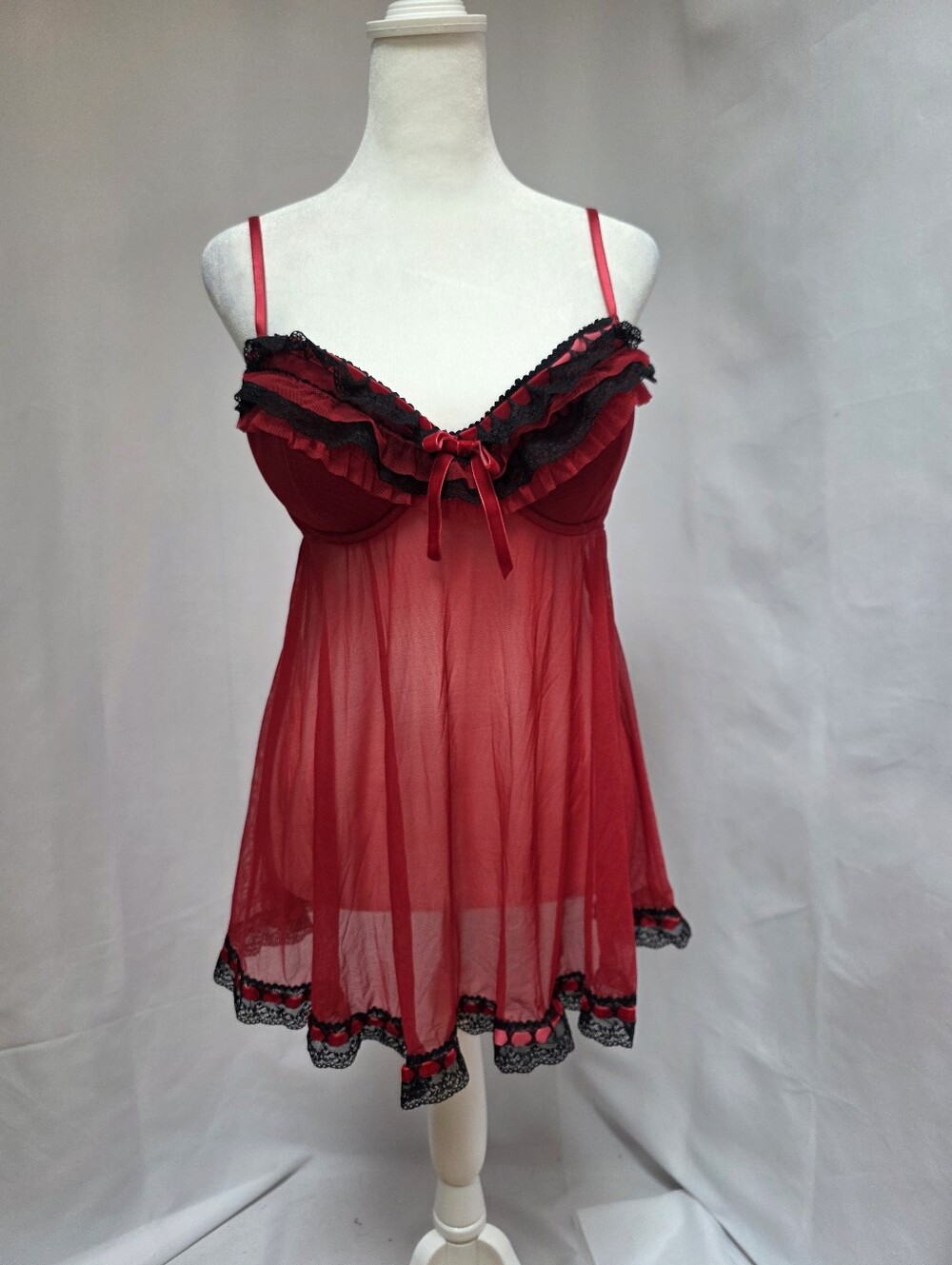 Jezebel Red Sheer Mesh Babydoll Chemise Lingerie Large Underwire Lace